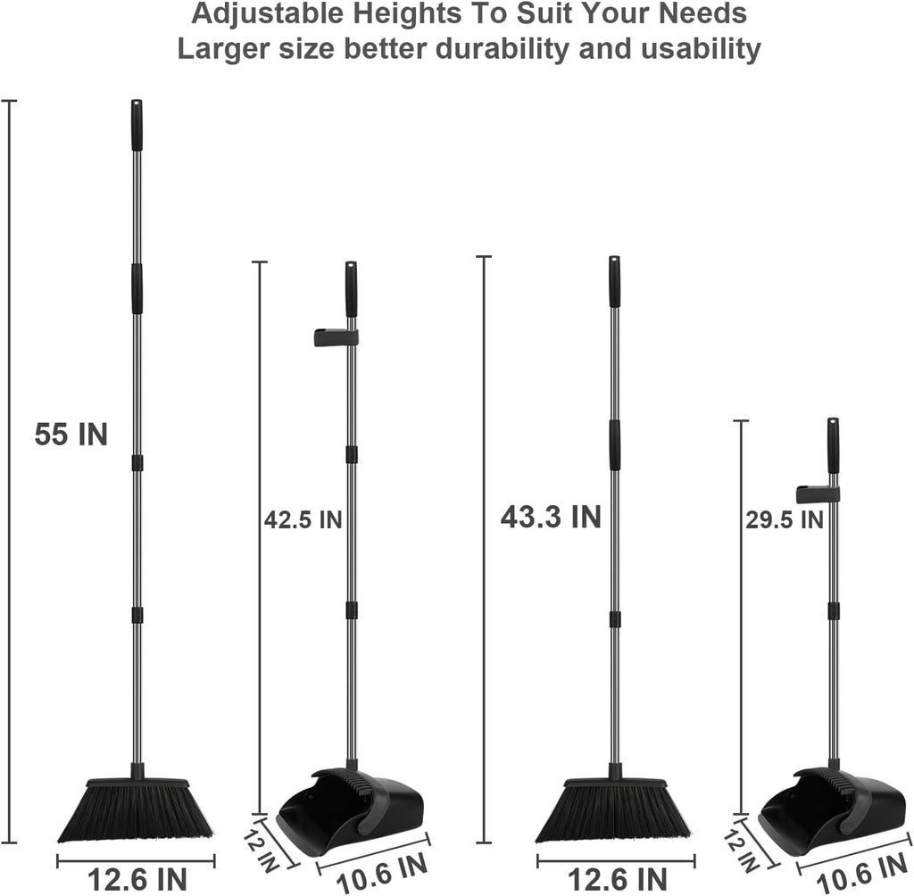 Black Broom and Dustpan Combo Set, 55" Long Handle Broom