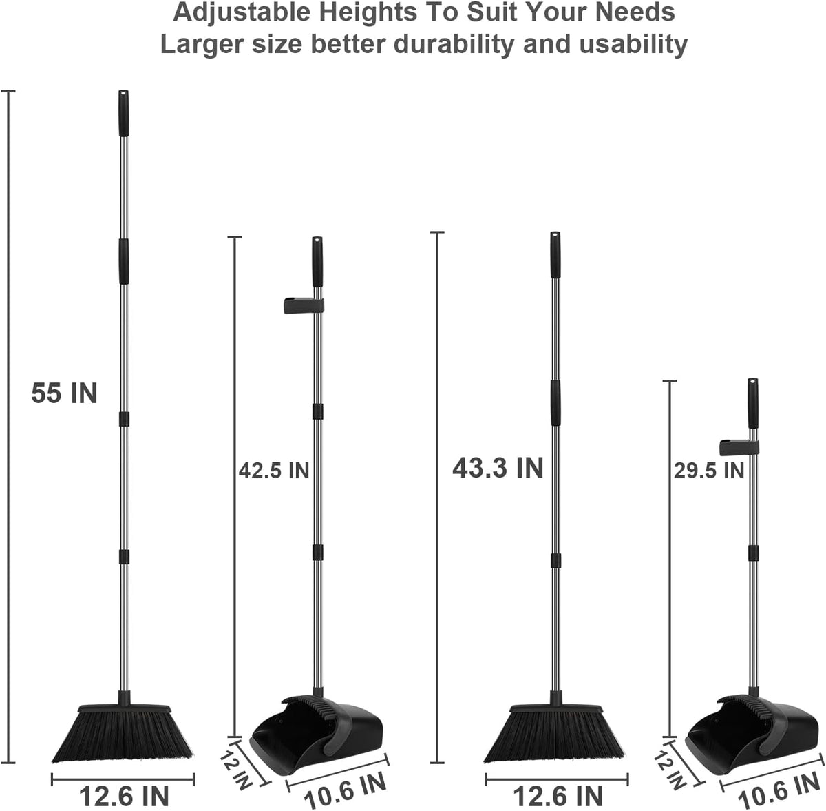 Black Broom and Dustpan Combo Set, 55" Long Handle Broom