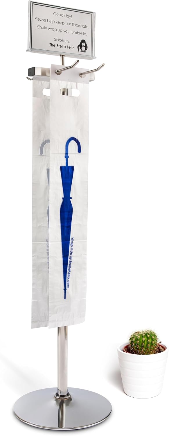 Umbrella Bag Wrapper Station with Sign Frame - Wrap Umbrellas for Rain - Be Safe, Wrap it up! - 200 Long Bags Included