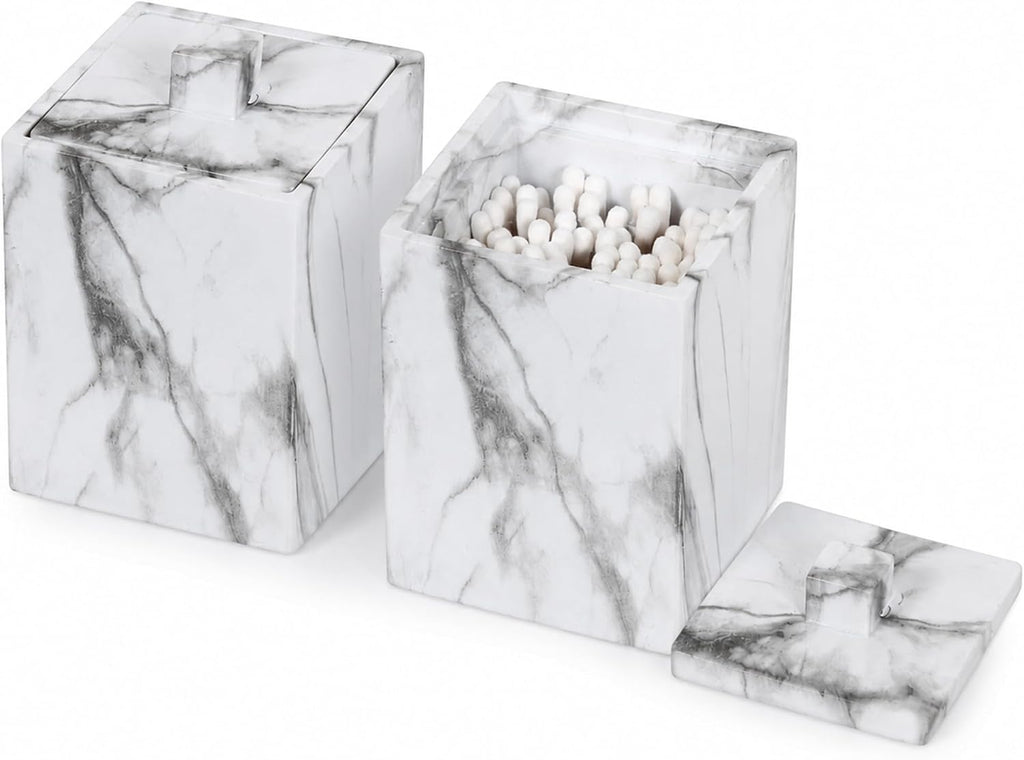 2-Pack Marble Pattern Cotton Swab Holders with Lids, Resin Bathroom Vanity Storage Jars, Square Qtip Containers for Cotton Balls, Pads, and More (White)