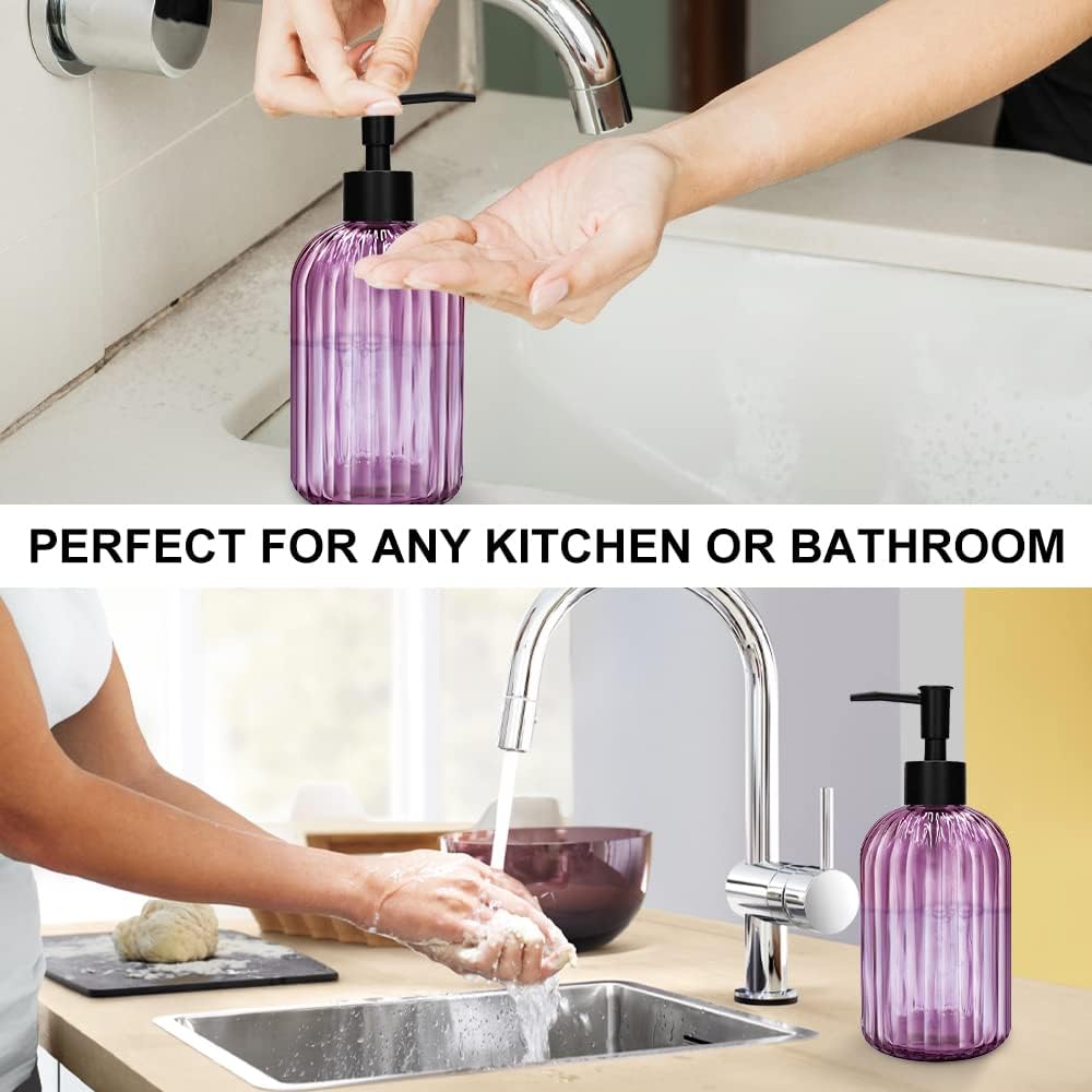Pack of 2 Glass Soap Dispenser with Black Pump, 400 ml Refillable Pump Dispenser for Kitchen, Bathroom, Laundry Room, Liquid Glass Bottle for Washing Up Liquid, Shampoo, Conditioner (Purple)