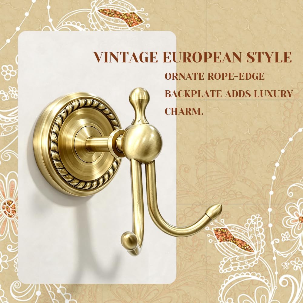 2 Pack Antique Brass Towel Hook Vintage Gold Brass Wall Hook Wall Mounted Hanger Bathroom Accessories for Coat Purse Decoration Clothing Robe Kitchen Bedroom