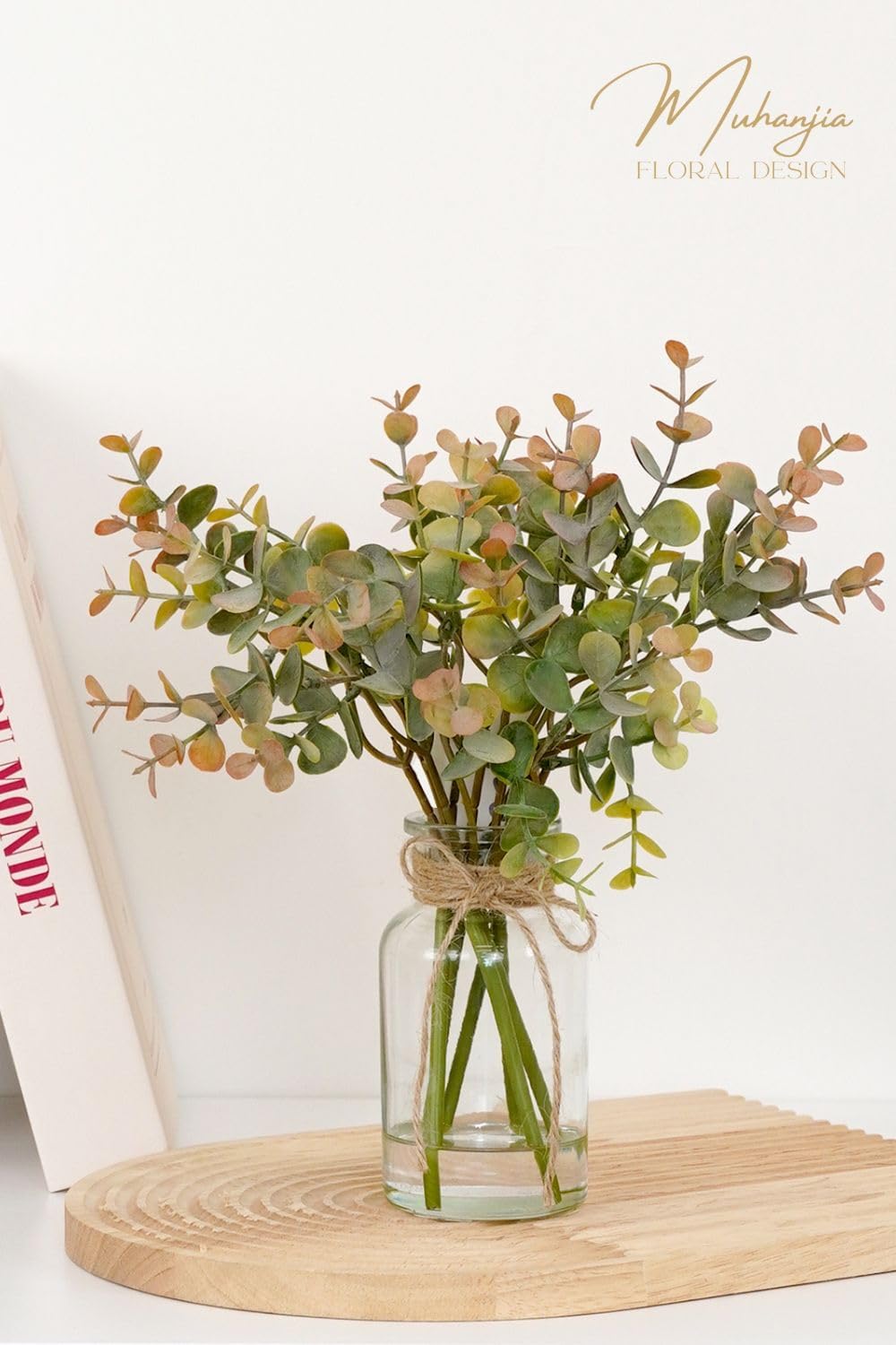 Muhanjia Artificial Eucalyptus Stems in Glass Vase with Faux Water,6Pcs Grey-Orange Fake Plant for Centerpiece (Grey-Orange Eucalyptus)