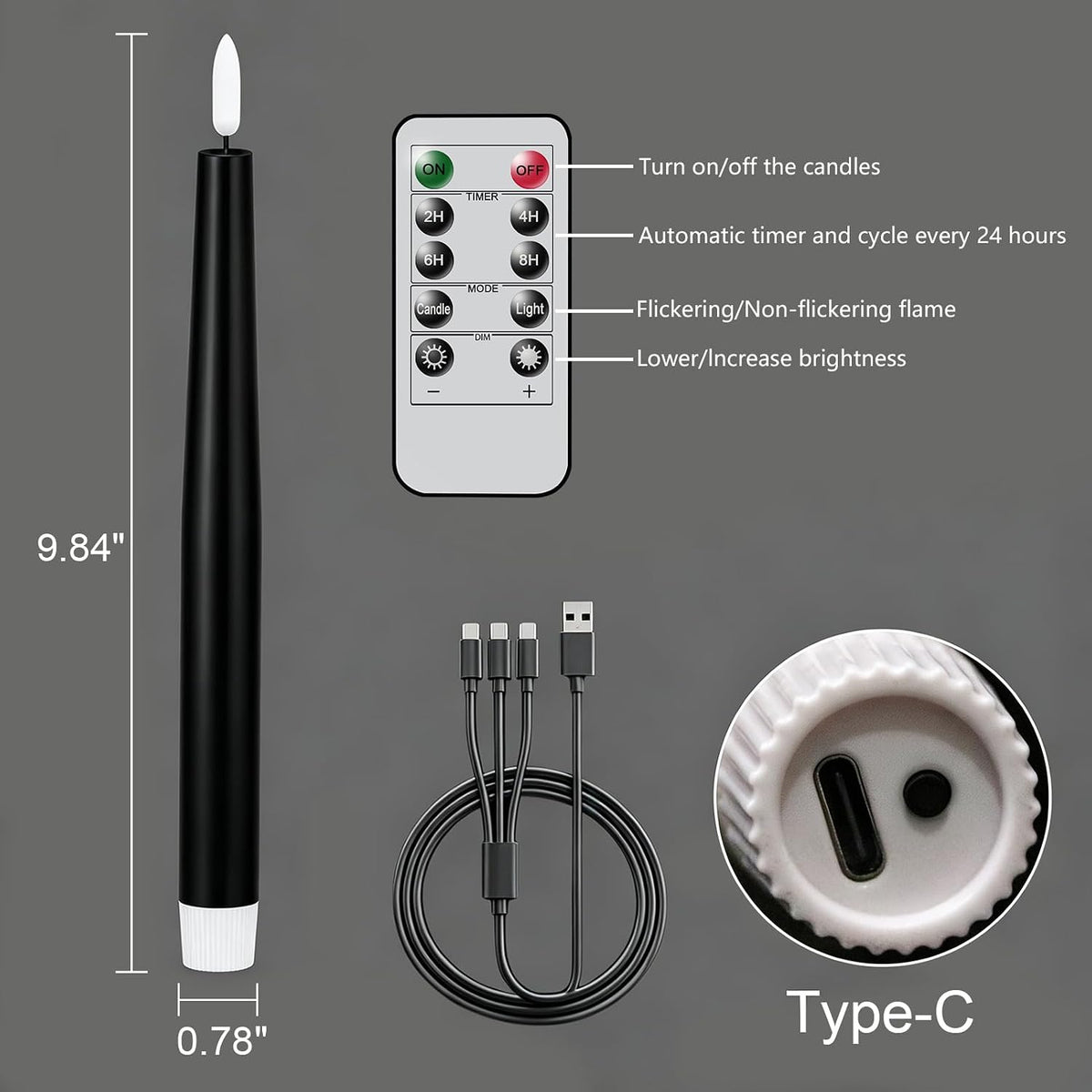 GenSwin Black Rechargeable LED Flameless Taper Candles with Remote