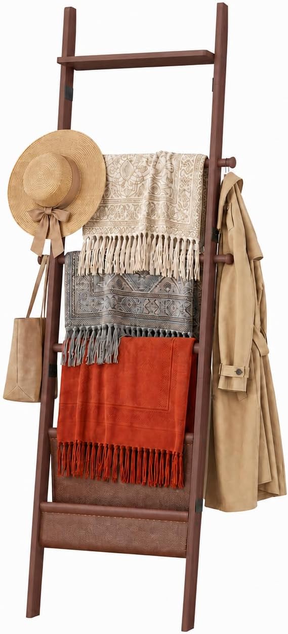 BAMBANG 71" 4-in-1 Blanket Ladder for Living Room, 5-Tier Leaning Bamboo Decorative Towel & Quilt Rack with Magazine Leather Pocket, 4 Detachable Hanging Bars, Space-Saving Shelf for Bedroom (Brown)