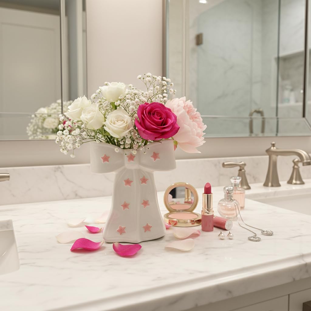 White Bow Vase, White and Pink Flower Vase for Home Decor