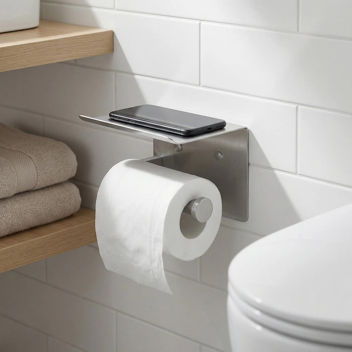 Toilet Paper Holder with Shelf, Heavy-Duty Stainless Steel Bathroom Hardware, Self-Adhesive No-Drill/Drill-Mount Wall-Mounted Roll Holder, Rust-Proof Bathroom Tissue Rack(Brushed Nickel)