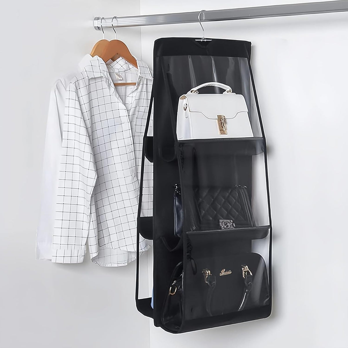 HAN SHENG 6-Pocket Clear Hanging Purse Organizer for Closet, Black, 2 Pack