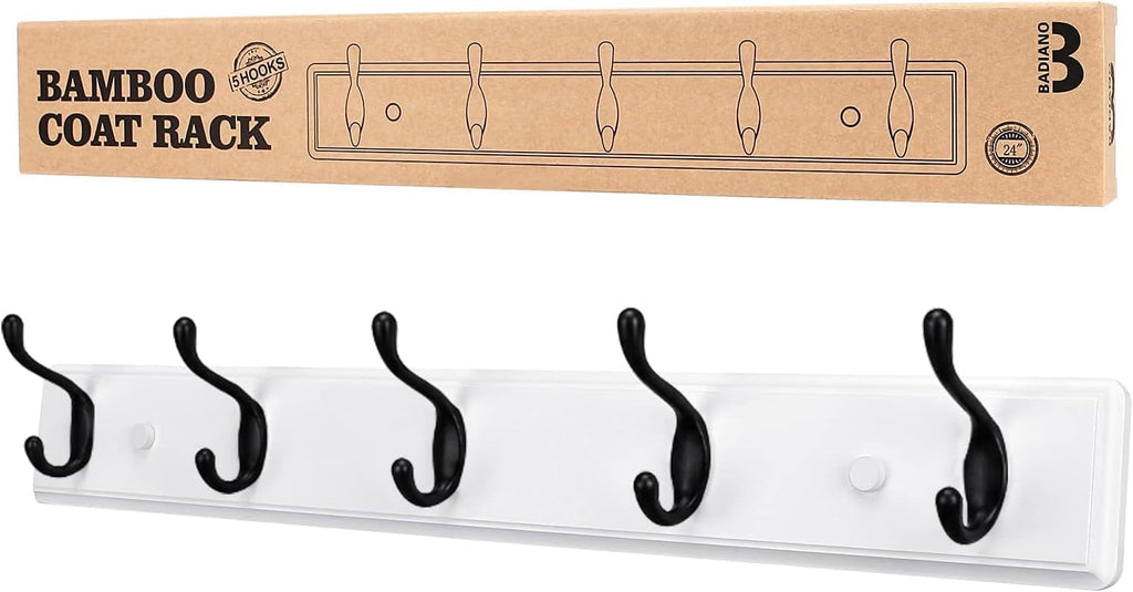 Heavy Duty Wooden Coat Rack, Wall-Mounted, Black Hook White Board, 24 Inch
