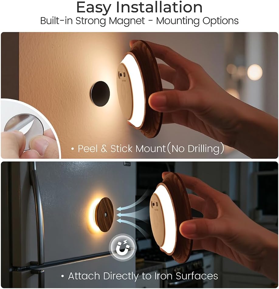 Motion Sensor Night Light 2 Packs, Wood Rechargeable Stair Lights