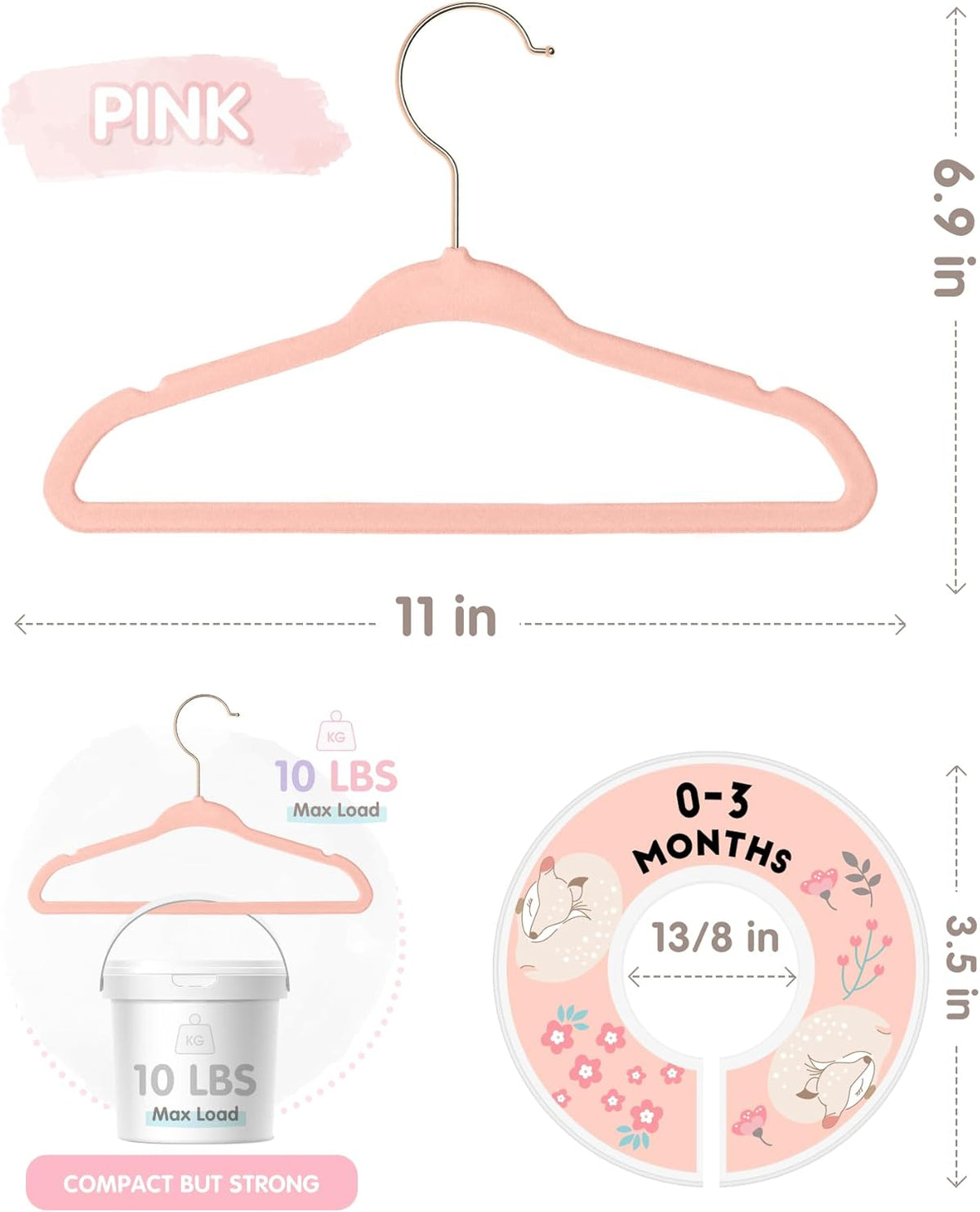 VIS'V Velvet Baby Hangers with 6 Pcs Size Dividers, 11 Inch, Pink, 30 Pcs