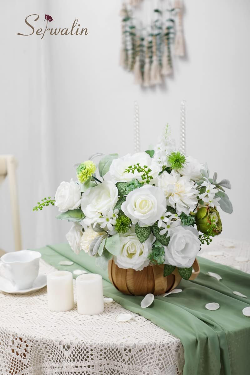 Serwalin White Artificial Flowers Combo, Silk Rose Flowers for Wedding