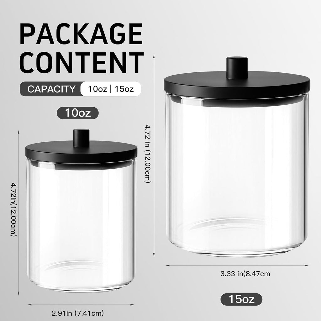 BKYFPQ 2 Pack Glass Qtip Holder Dispenser Set - 15oz & 10oz Apothecary Jars with Lids - Vanity Makeup Organizer and Bathroom Canister Storage Organizer for Cotton Ball, Swab, Round Pads,Floss