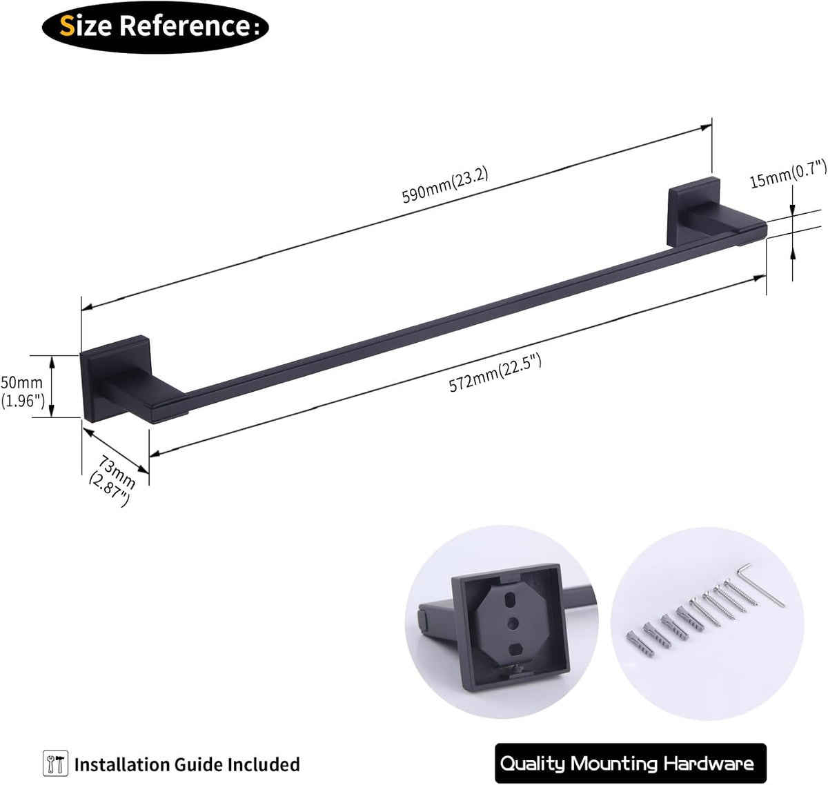 GERZWY Matte Black Towel Bar, 24 Inch Bathroom Wall Mounted Towel Rail, Hand Towel Holder, Stainless Steel JG1901A60-BK