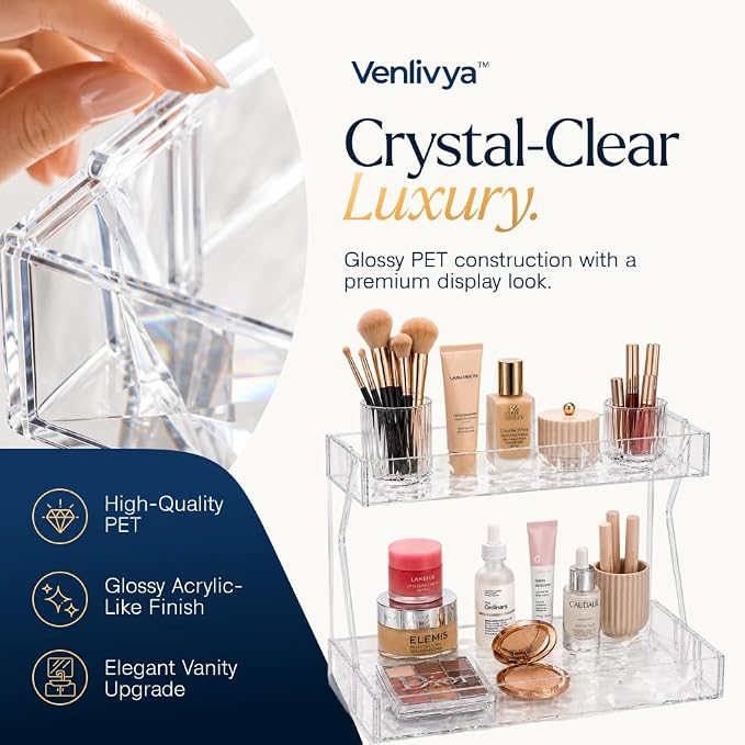 Perfume Organizer for Vanity, Premium Clear Acrylic Makeup Organizer Countertop with Non-Slip Trays, Easy 30-Second Assembly, organizador de maquillaje (Crystal Clear)