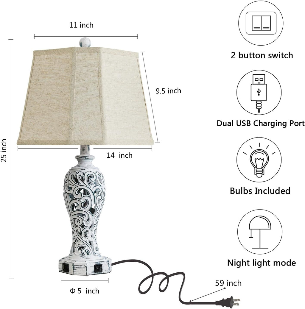 25'' Farmhouse Table Lamps Set of 2 for Living Room with USB C+A