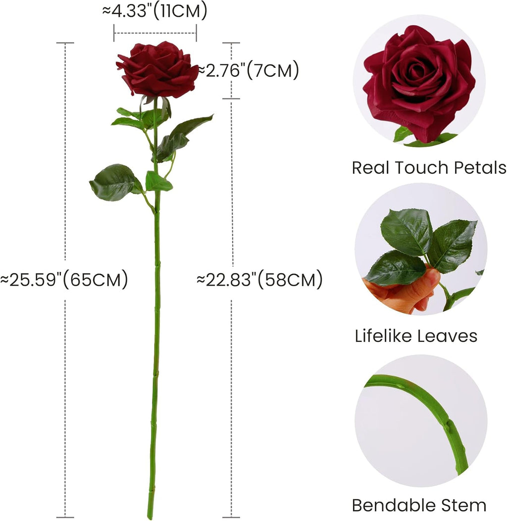 Real Touch Roses Artificial Flowers, 5Pcs Dark Red Faux Silk Rose