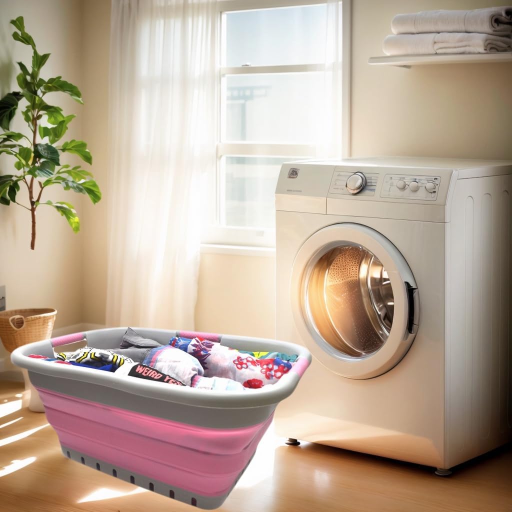SAMMART 41L (10.8 gallon) Collapsible 3 Handled Plastic Laundry Basket - Foldable Pop Up Storage Container/Organizer - Portable Washing Tub - Space Saving (3 handled rectangular, Grey/Pink)