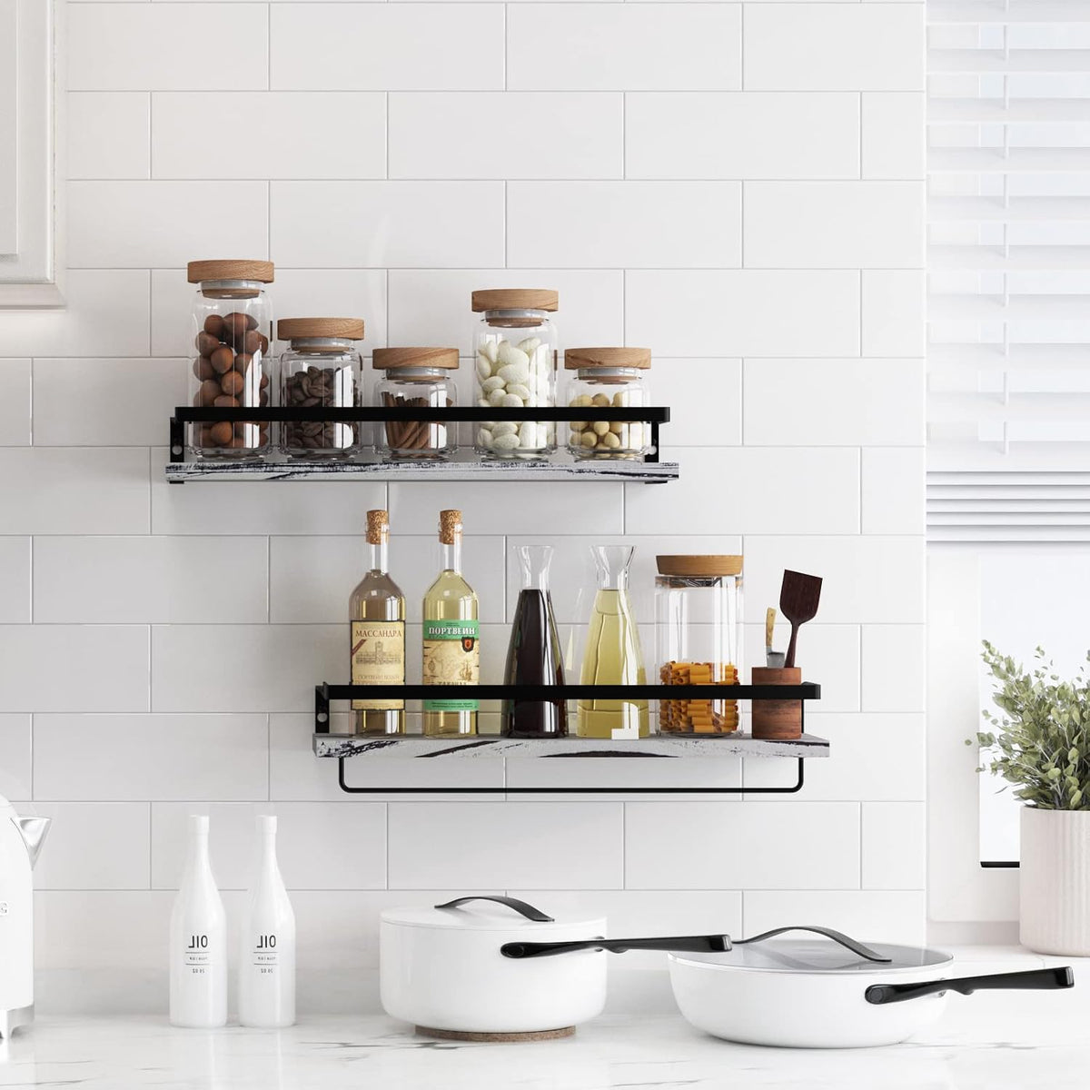 Floating Shelves for Wall, Bathroom Shelves with Towel Bar, Wall Mounted Storage Shelves for Kitchen, Bathroom, Set of 2 Grey