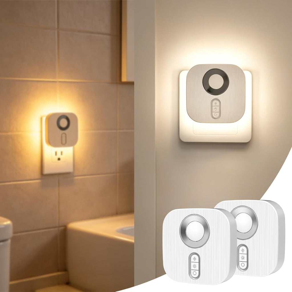 Plug-in LED Backit Night Light with Motion Sensor & Dusk to Dawn Sensor, Dimmable Warm White Nightight wth 5-Level dimming Adjustable Brightness for Bathroom, Bedroom, Hallway, Stairs (2 Pack)