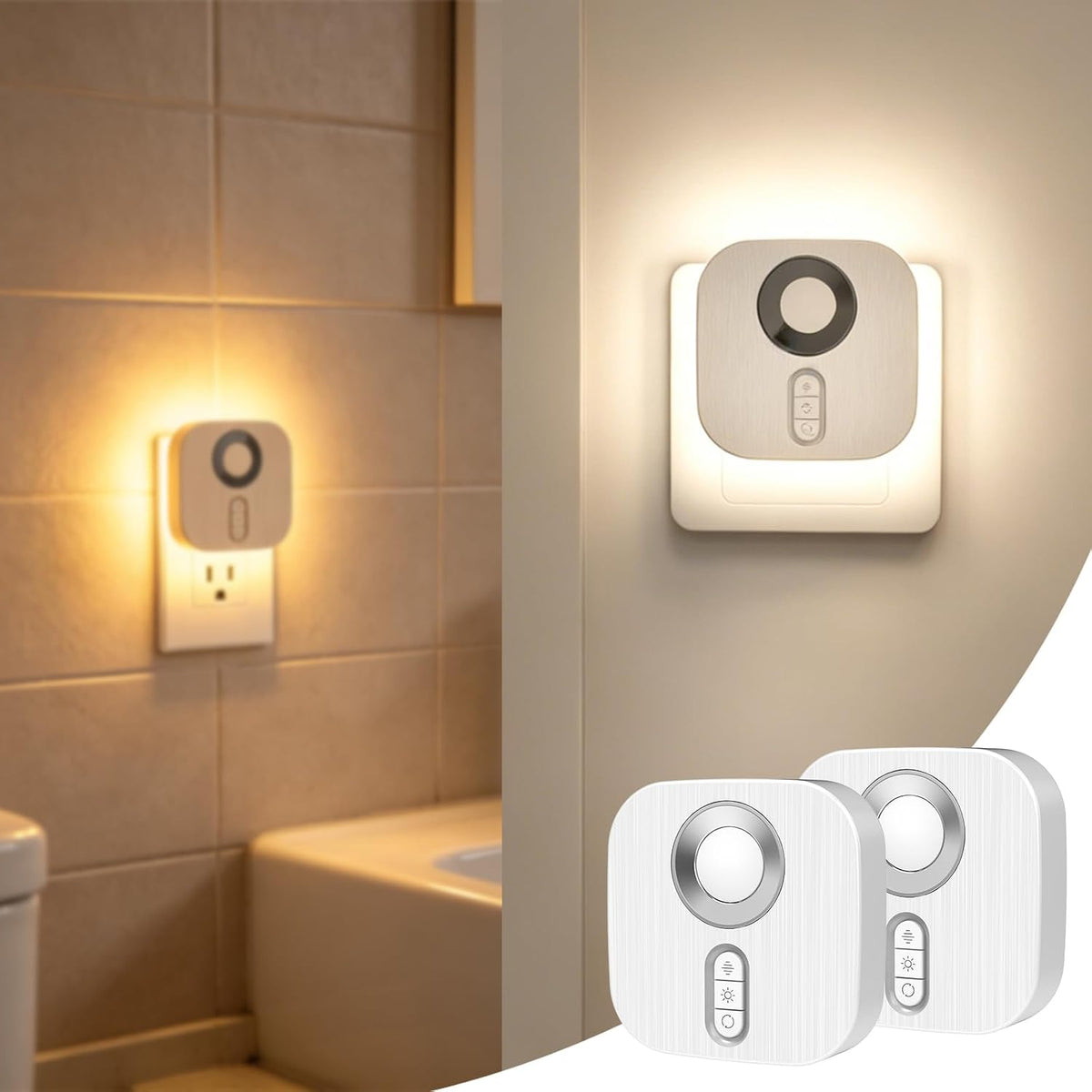 Plug-in LED Backit Night Light with Motion Sensor & Dusk to Dawn Sensor, Dimmable Warm White Nightight wth 5-Level dimming Adjustable Brightness for Bathroom, Bedroom, Hallway, Stairs (2 Pack)