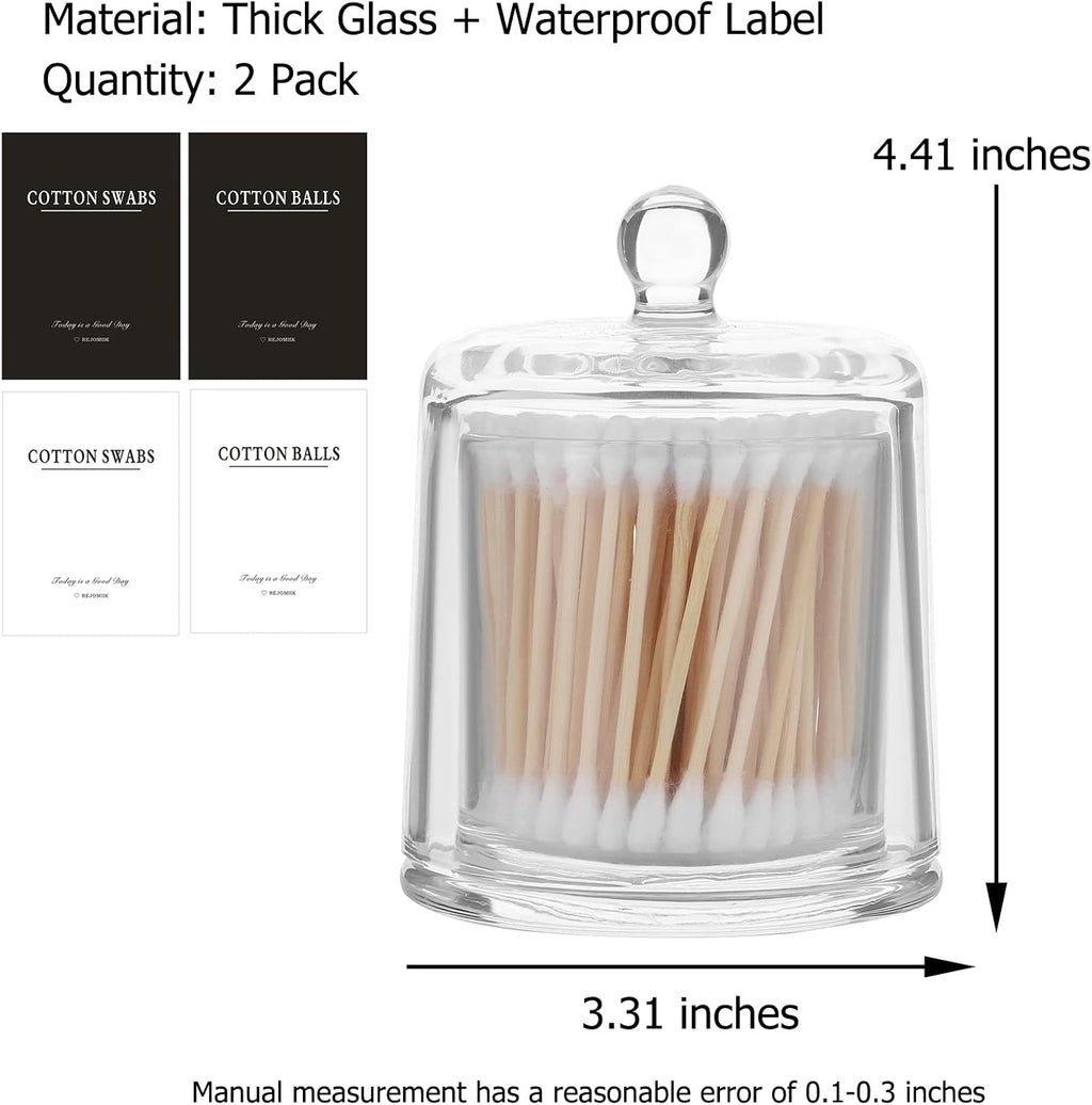 rejomiik 2 Pack Qtip Holder Thick Glass Apothecary Jars with Lid for Bathroom Accessories Vanity Organizers and Makeup Storage for Cotton Ball, Swabs, Makeup Sponges, Candy, Jewelry, Clear
