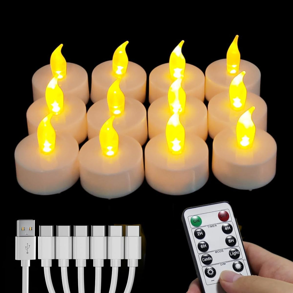 Rechargeable Tea Lights with Remote Timer,Battery Operated Flameless LED Tea Lights Candles with USB Rechargeable for Halloween,Christmas,Weddings,Birthdays 12-Pack(Warm Yellow)