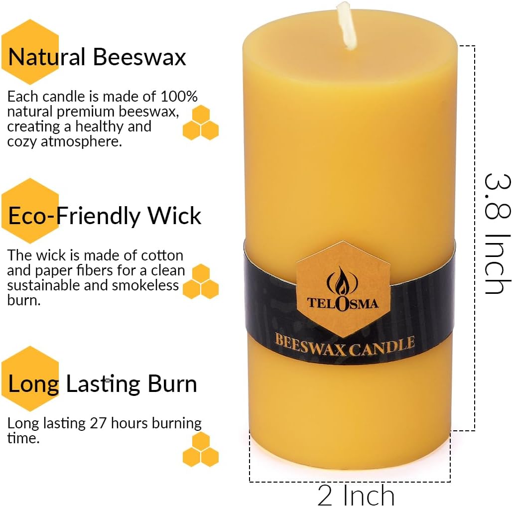 6 Pack 2 inch Thick Natural Beeswax Pillar Candle 4 inch Tall, Yellow