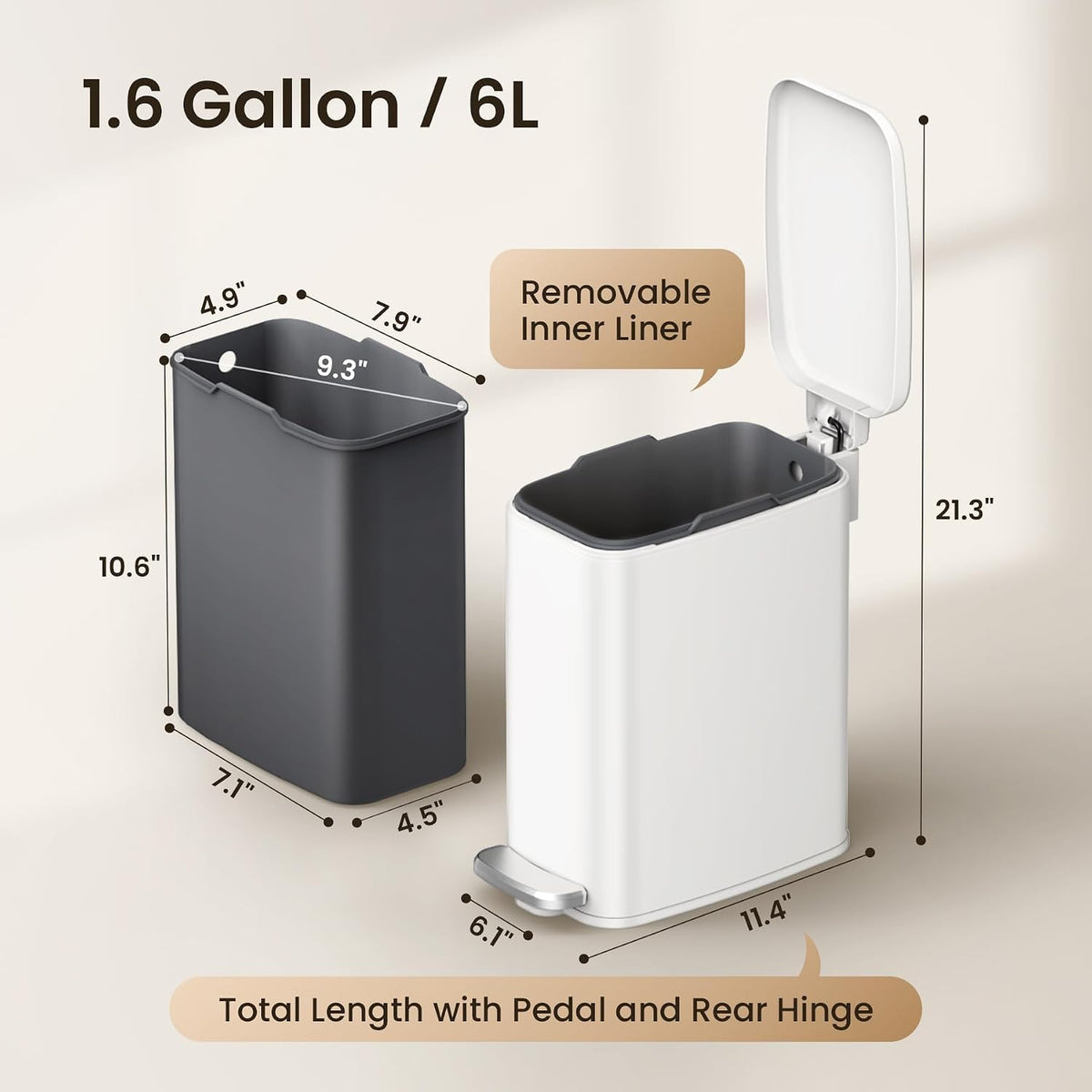 Cesun Slim Bathroom Trash Can with Lid, Soft Close, White, 6L/1.6 Gallon