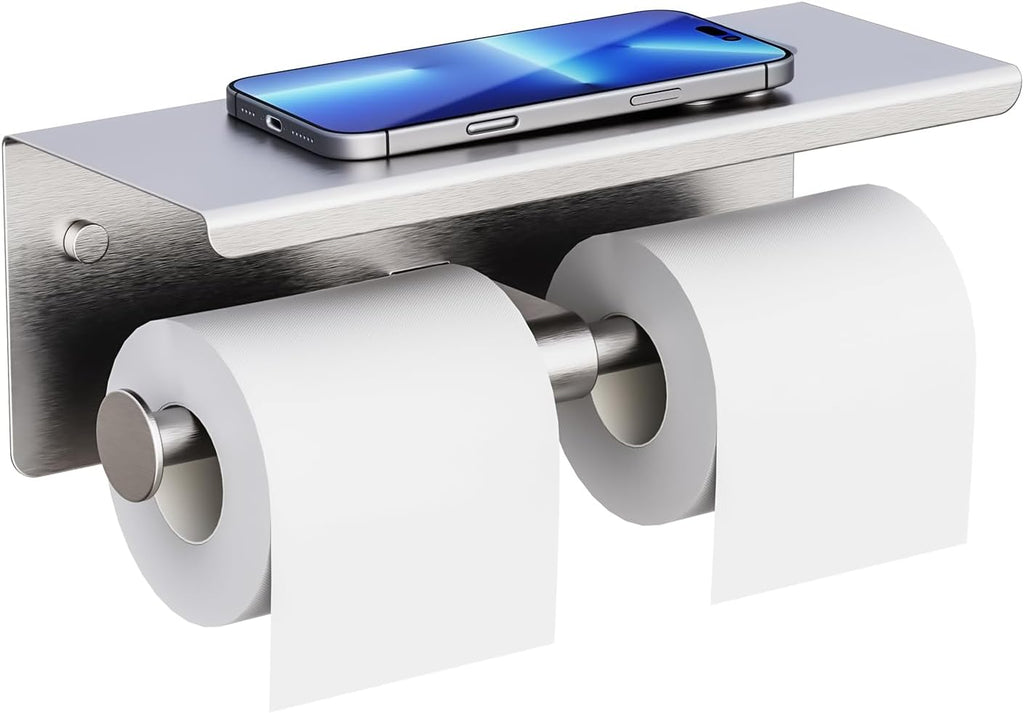 Double Toilet Paper Holder with Shelf, Wall Mount Tissue Roll Holder for Bathroom, 304 Stainless Steel Commercial Toilet Paper Dispenser with Phone Shelf, Brushed Nickel