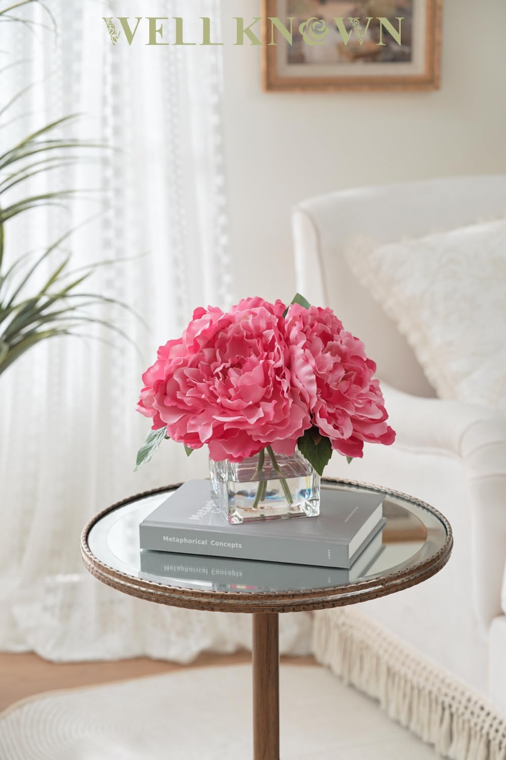 Artificial Peonies Flowers Arrangements in Cube Glass Vase, WELLKNOWN Silk Flower Centerpieces for Dining Room Table, Coffee Table Decor, Faux Peony Flowers with Faux Water (Fuchsia)