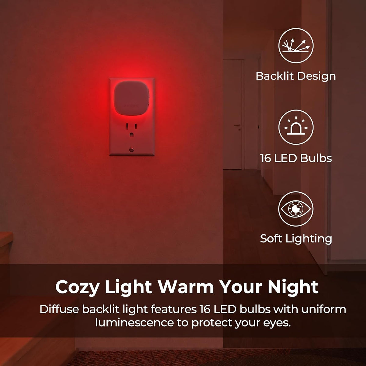 AUVON Plug-in LED Backlit Night Light 4 Packs, Motion & Dusk to Dawn Sensor