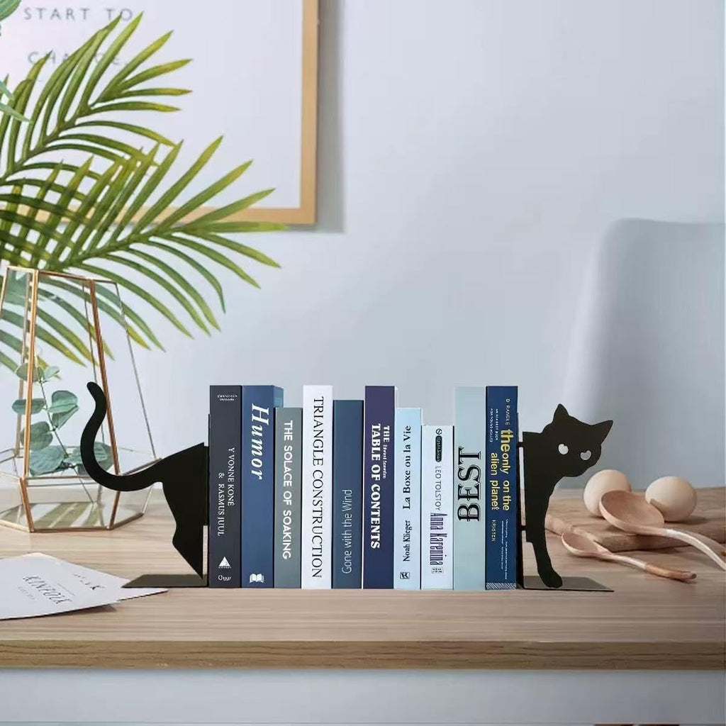 Cat Bookends, Unique Black Decorative Cat Bookends, Heavy Duty Book Holder, Ideal Cat Desk Accessories for Home and Office Decor