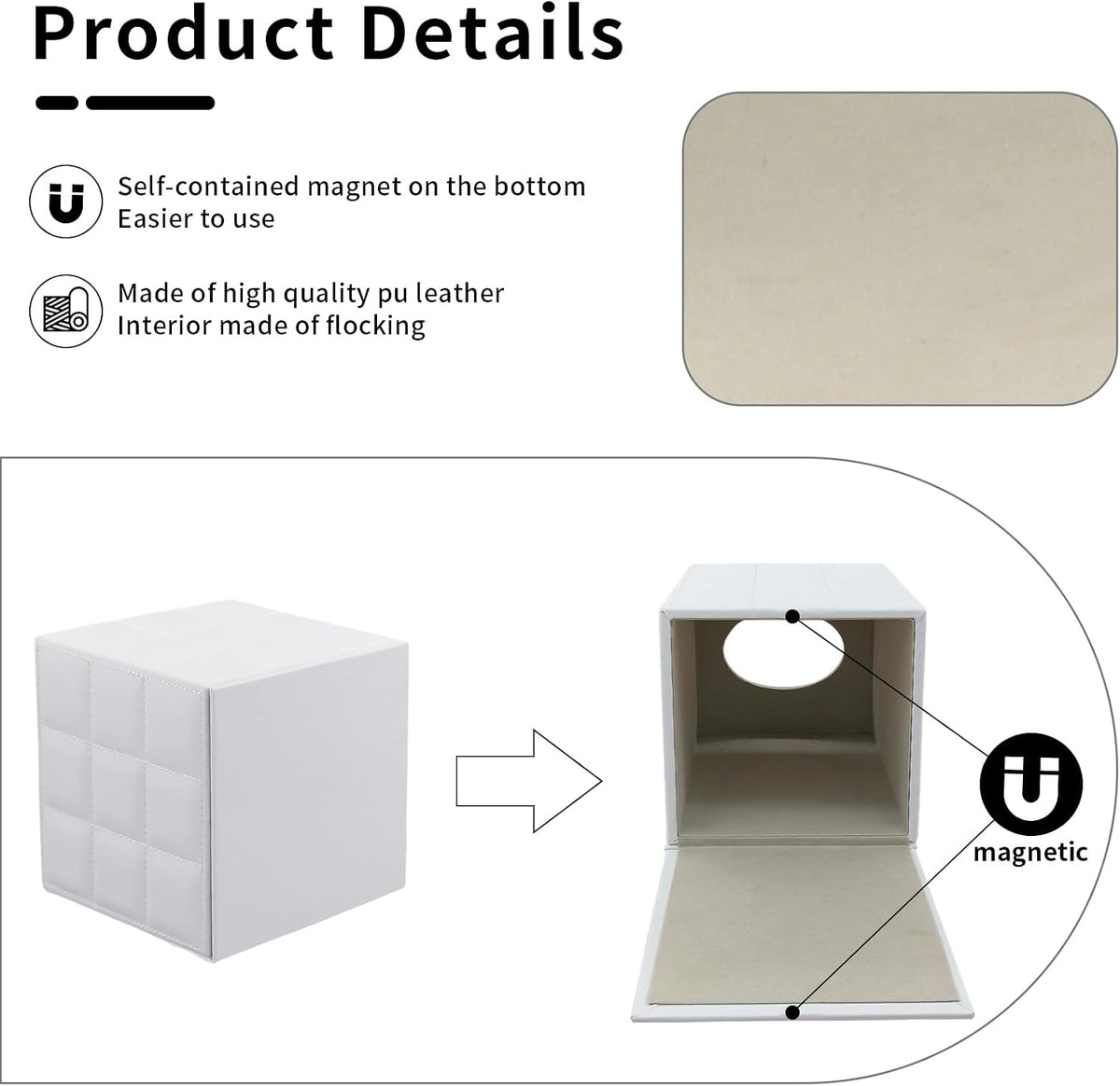 Tissue Box Cover Square,Stylish PU Leather Tissue Box Holder for Dresser Bathroom,Facial Tissue Holder with Magnetic Bottom for Home Office (White)