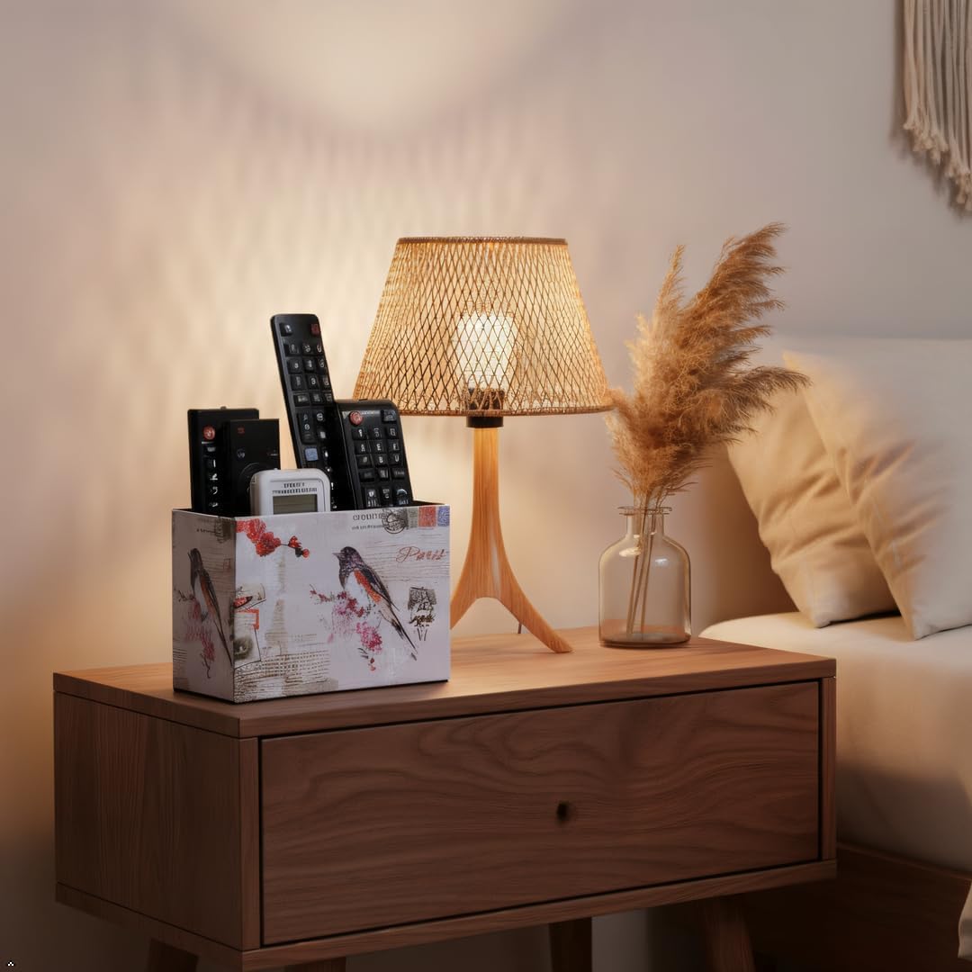 Decorative Remote Control Holder, Leather TV Remoter Caddy Storage Box Desktop Organizer Makeup Brush Pen Holder Storage Fits TV Remotes, Media Controllers, Office Supplies (Paris Bird Design)