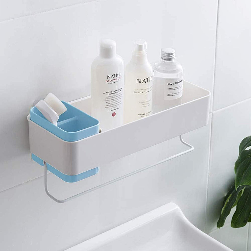 Bathroom Organizer Mirror, Restroom Shelf Adhesive Wall Mount No Drilling Basket Rack Shelves Shower Caddy Blue