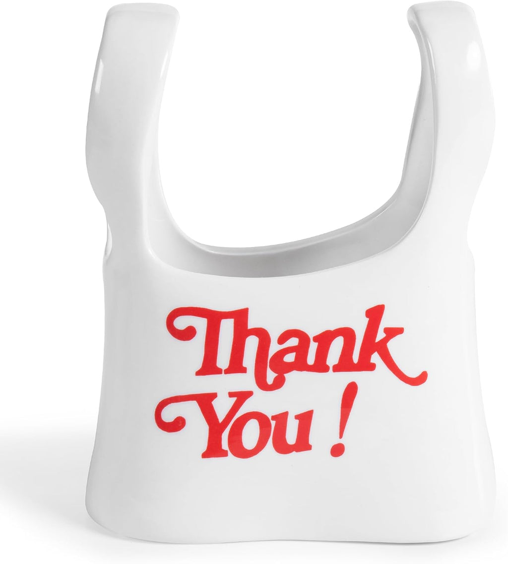 Handmade Ceramic Bag Flower Vase with Red “Thank You” Print | Glossy White Purse Vase for Modern Home Decor, Mantel, Kitchen, Living Room, Table Centerpiece