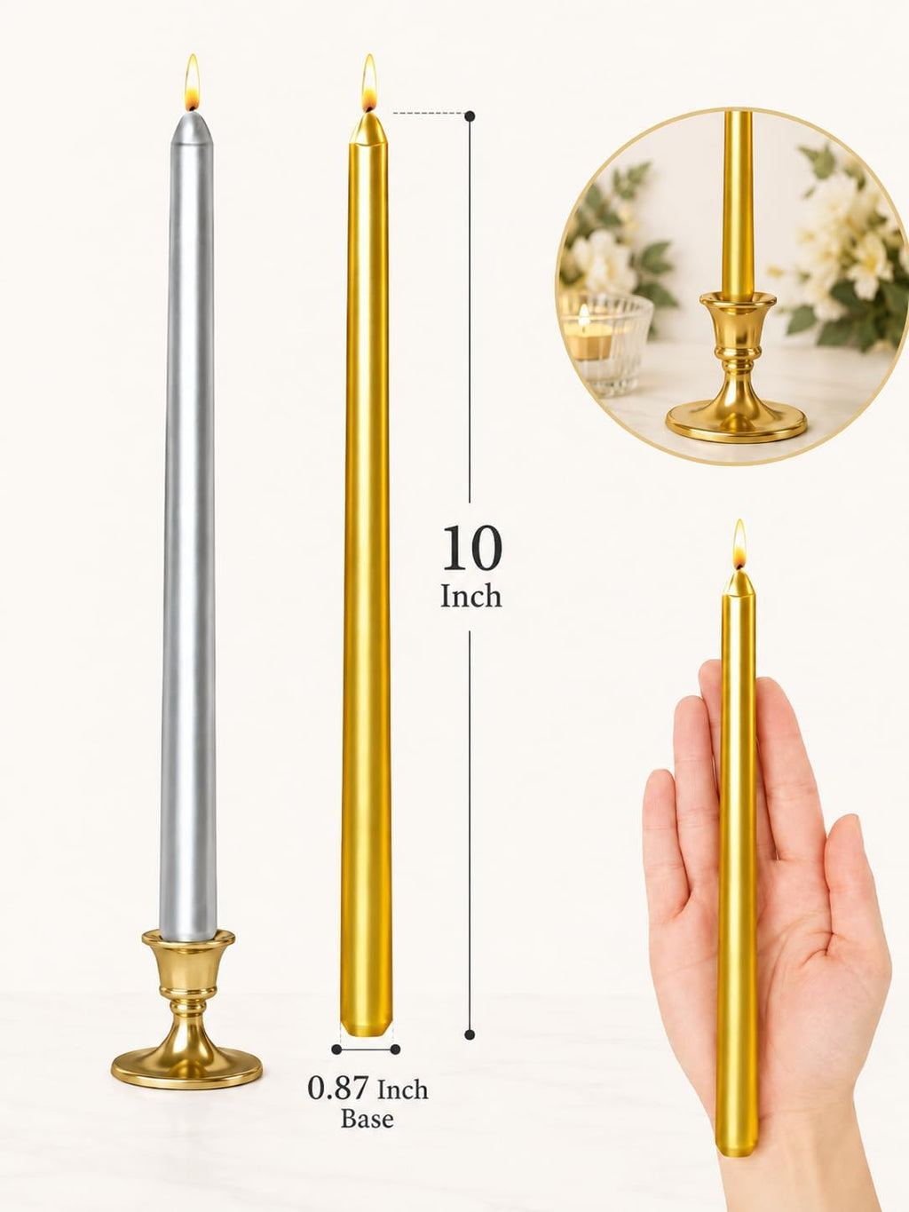 10 Inch Metallic Taper Candles, 6 Gold and 6 Silver Candlesticks