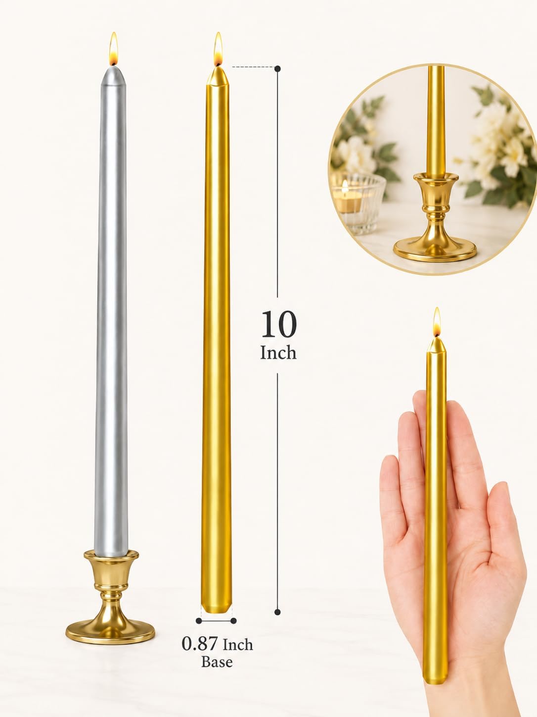 10 Inch Metallic Taper Candles, 6 Gold and 6 Silver Candlesticks