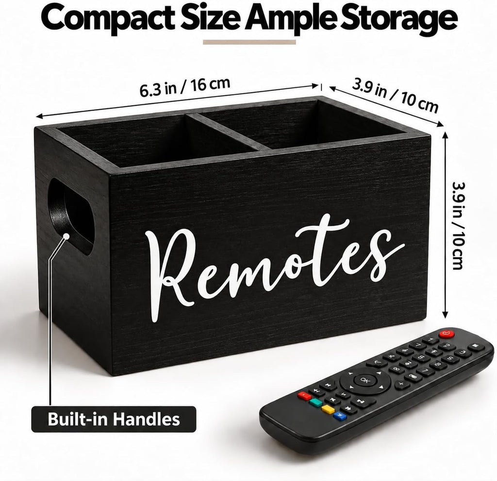 Wooden Remote Control Holder 2 Slots - Farmhouse TV Remote Caddy for Table, Nightstand, Couch - Solid Wood Organizer Box, Black