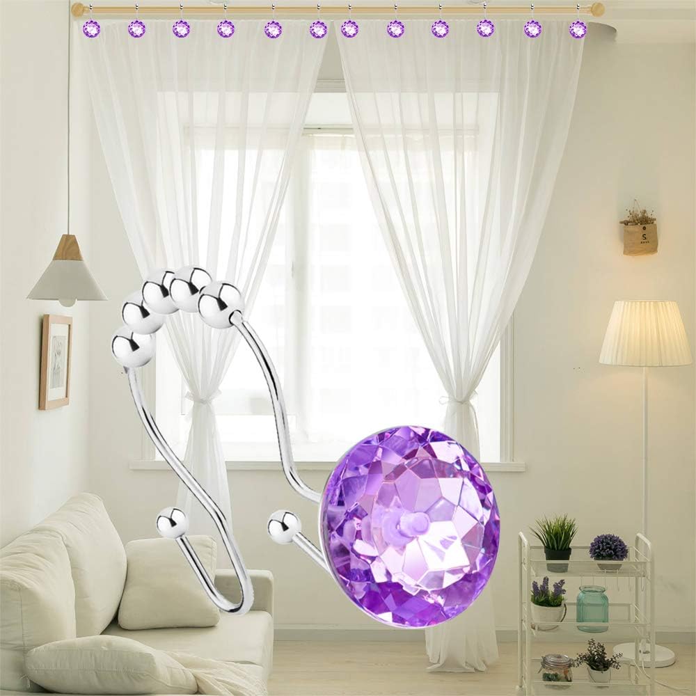 Shower Curtain Hooks Rings for Bathroom, 12PCS Double Hooks Glide Anti Rust Crystal Rhinestones Shower Curtain Rings Hangers for Shower Curtains, Clothing, Towels, etc. (Purple)