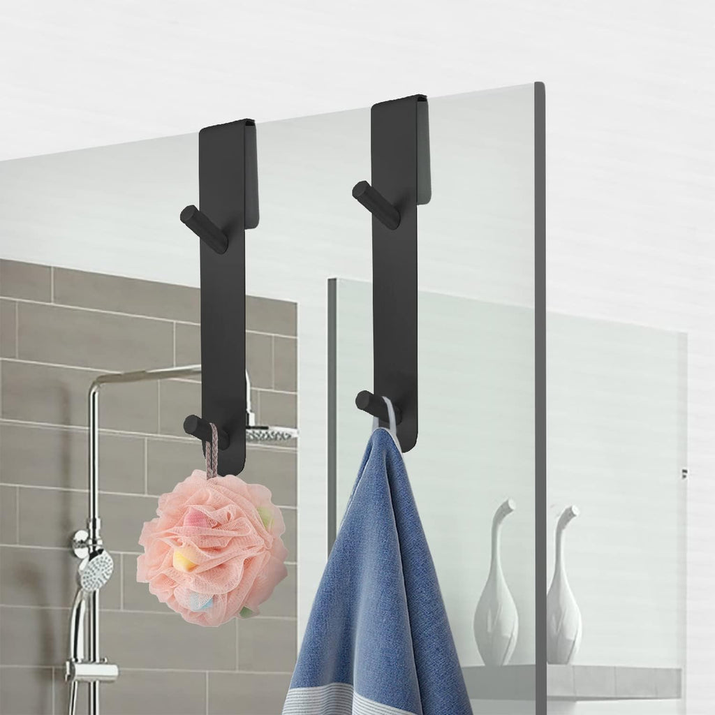 Stainless Steel Shower Door Hooks (2-Pack) - Heavy Duty Bathroom Towel Hooks for Frameless Glass Showers, No Drill Hanging Hooks for Robes, Towels, Loofahs - Rustproof & Easy Install