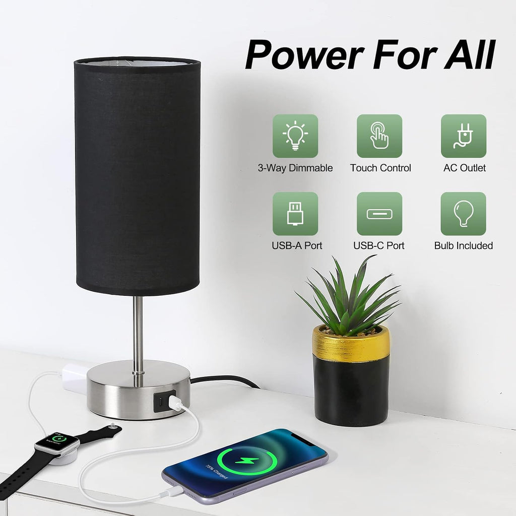 Yarra-Decor 【Upgraded Bedside Lamp with USB A+C Charging Ports & AC Outlet Touch Control Table Lamp for Bedroom 3 Way Dimmable Nightstand Lamp with Black Shade for Home,Office, Dorm(Bulb Included)