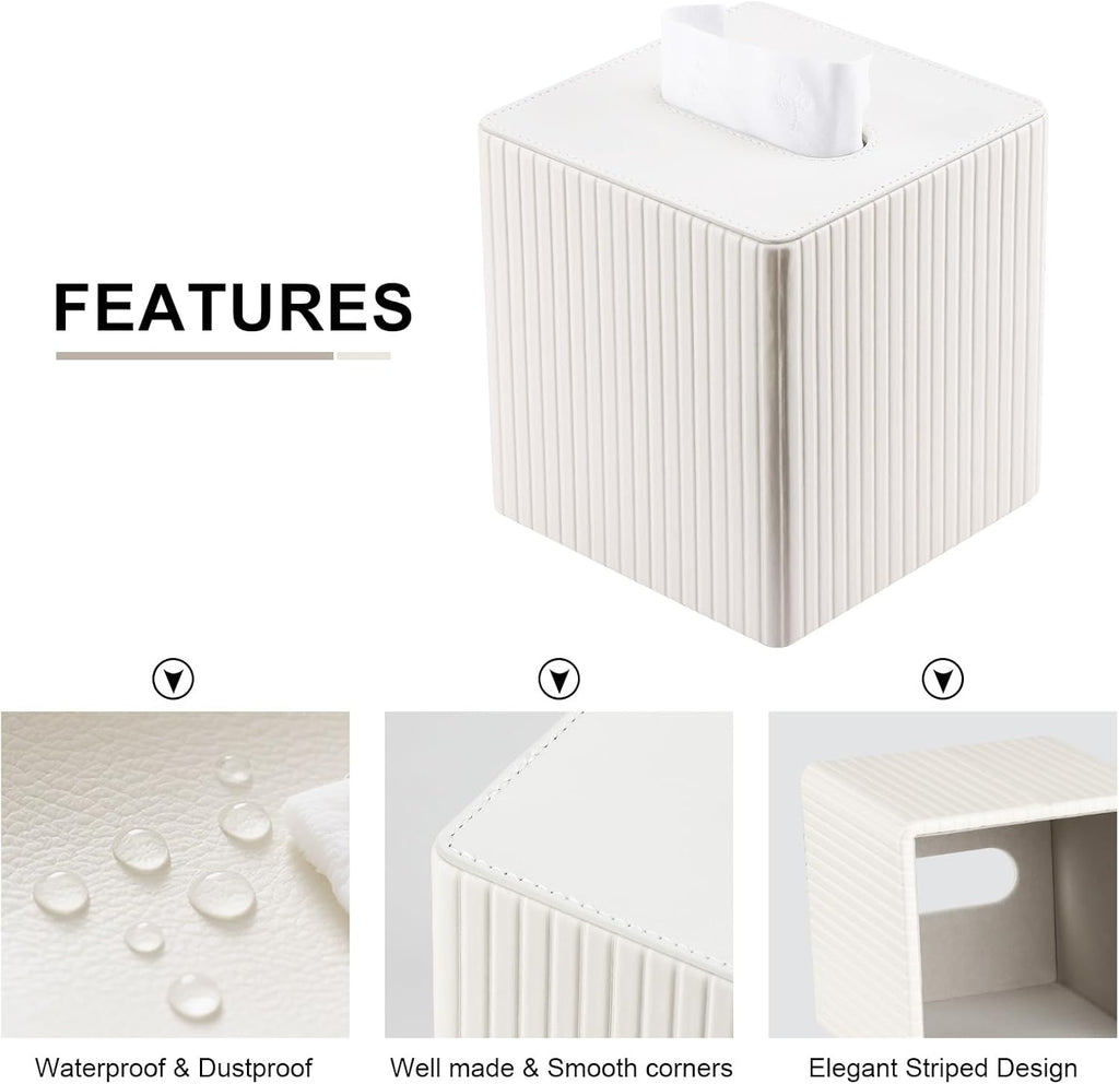 KINGFOM Square Pu Leather Tissue Box Cover, Modern Facial Tissue Holder, Roll Tissues Paper Case Dispenser for Bathroom Vanity Countertop, Night Stands, Office Desk (Off-White Strips)
