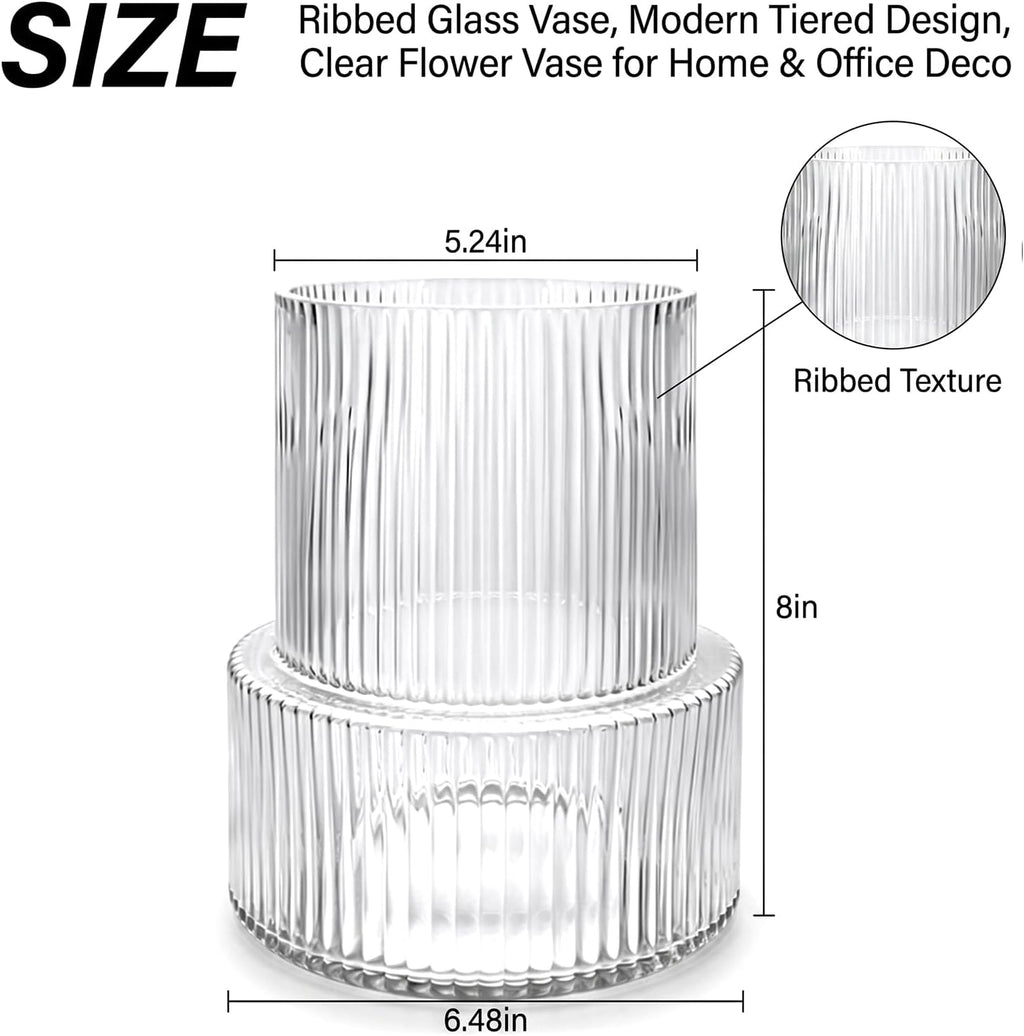 Ribbed Glass Cylinder Vase Set, Clear Modern Centerpiece