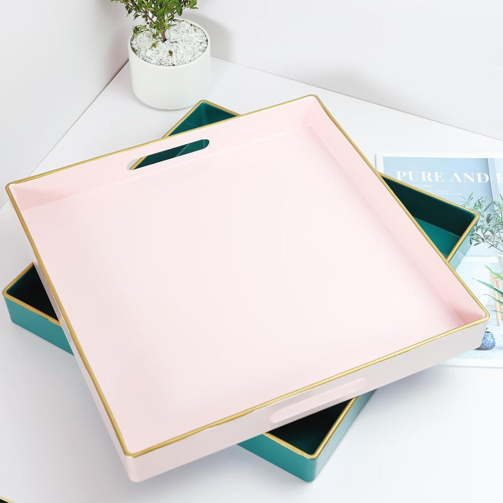 Spsyrine Pink Decorative Serving Tray with Handles, 13" X 13" Square Plastic Coffee Table Tray for Ottoman, Living Room, Bathroom, Home Decor.