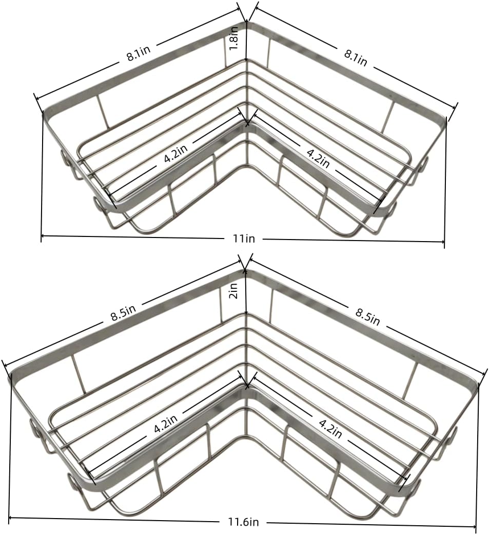 Shower Caddy 2 Pack, Stainless Steel No Drilling Adhesive Bathroom Organizer Shelf Rack, Corner Shower Shelf with Hooks for Home Decor & Storage