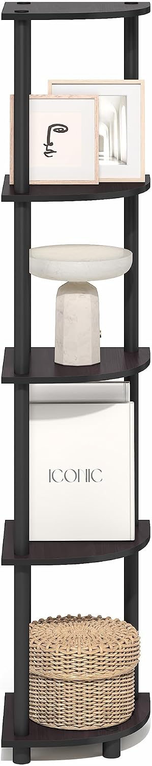 Furinno Turn-N-Tube Corner Shelf, 5-Tier Corner Bookshelf, Open Storage Shelves, for Organization and Storage, Living Room, Home Office, Garage, Bedroom, Dark Mocha
