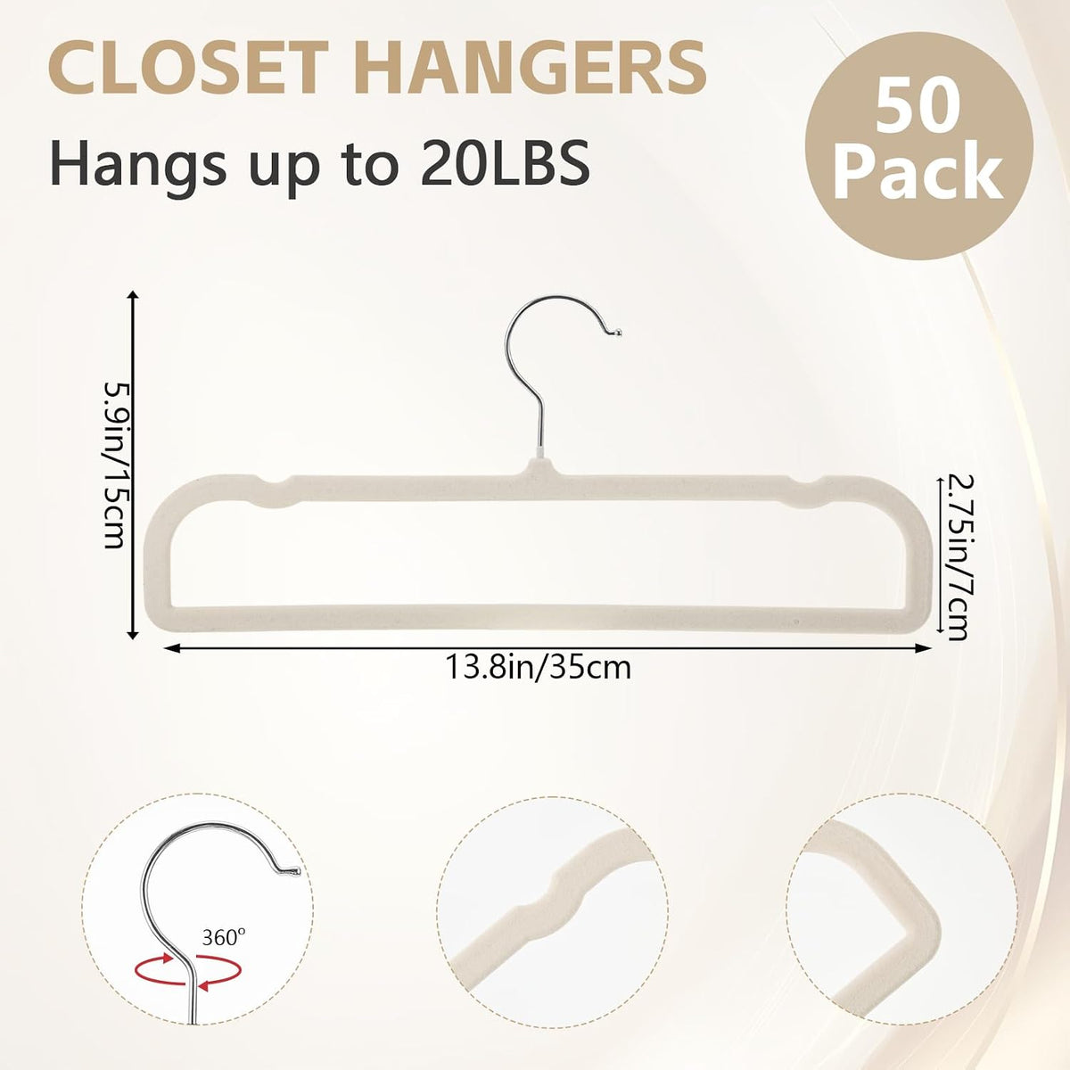50 Pack Velvet Pants Hangers Non Slip, Velvet Hangers Space Saving for Closet, Strong Durable Clothes Hanger with 360° Swivel Hook, Ultra Soft Flocked Hanger for Pants Jeans Shirts Bra Shorts (Cream)