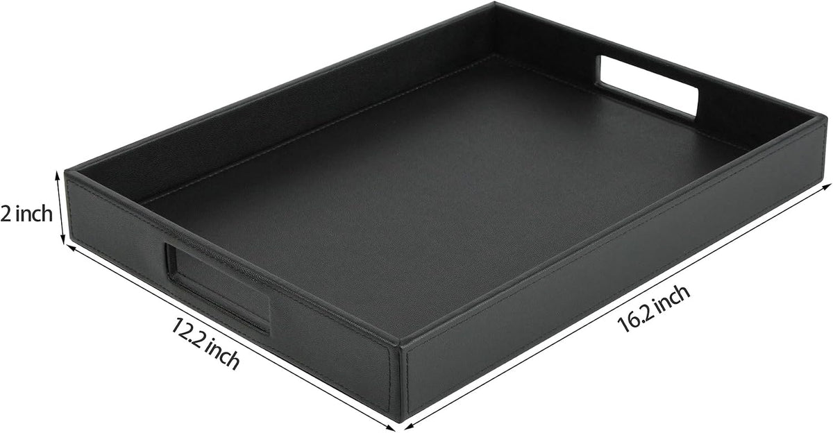 HofferRuffer Rectangle Serving Tray with Hole Handles for Coffee Table, Breakfast, Tea, Food, Butler - Countertop, Kitchen, Vanity Serve Tray, 16.2 x 12.2 x 2 inches, Faux Leather Tray (Black)
